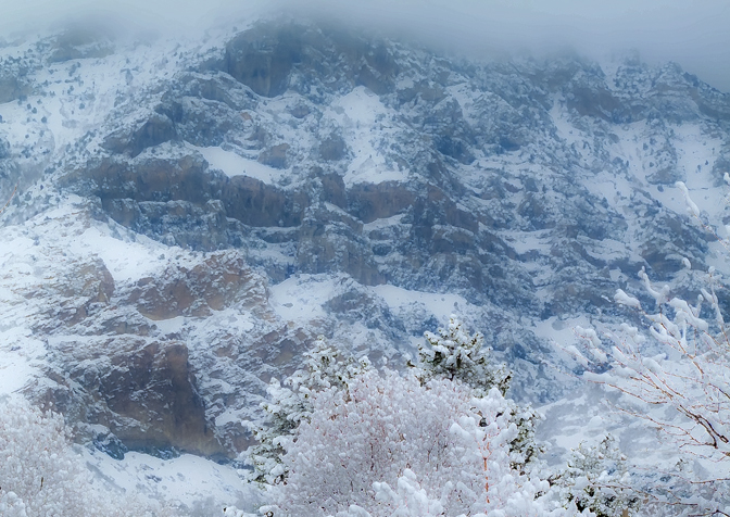 Squaw Peak in the Clouds and Snow