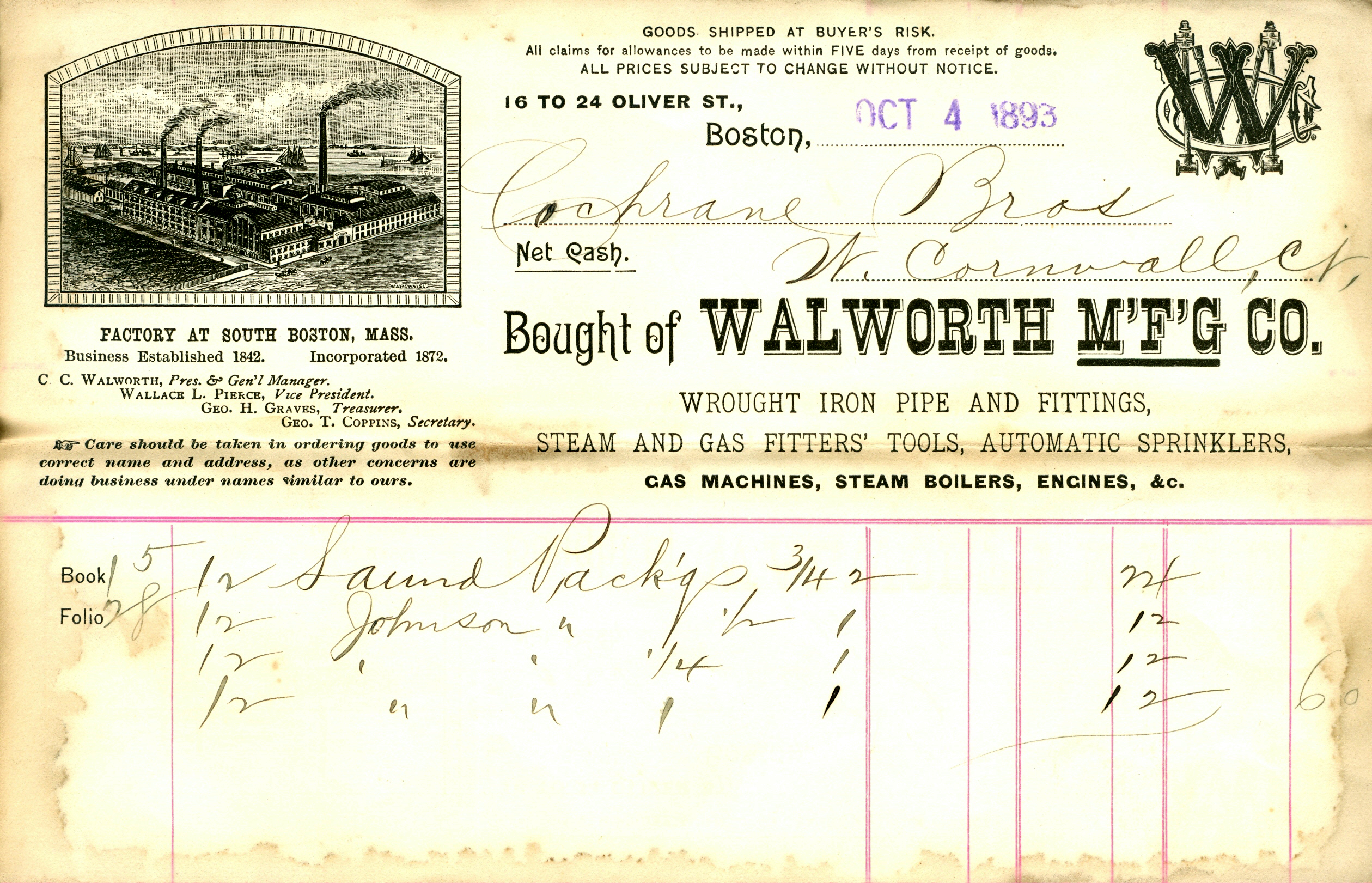 Oct 4 1893 Walworth MFG Co Invoice