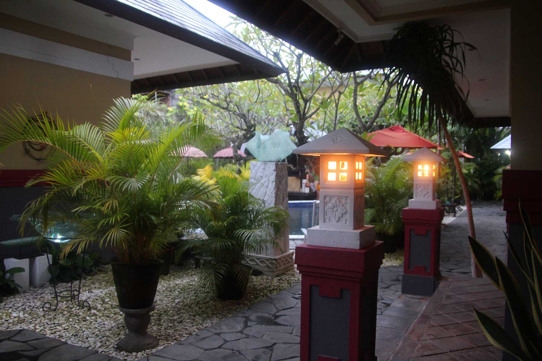 Dusk at the guesthouse with lanterns glowing.