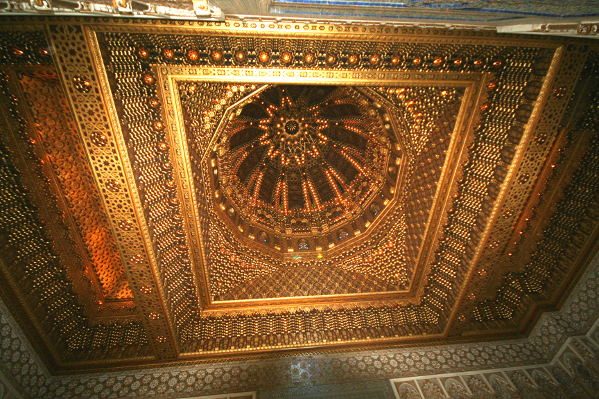 Close-up of the ceiling showing the intricate detail of its design.