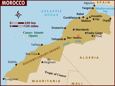 Map of Morocco with the star indicating la Kasbah ait Ben Haddou.