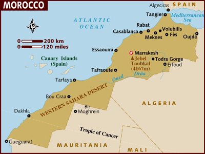 Map of Morocco with the star indicating Marrakech where Riad Zarca is located.