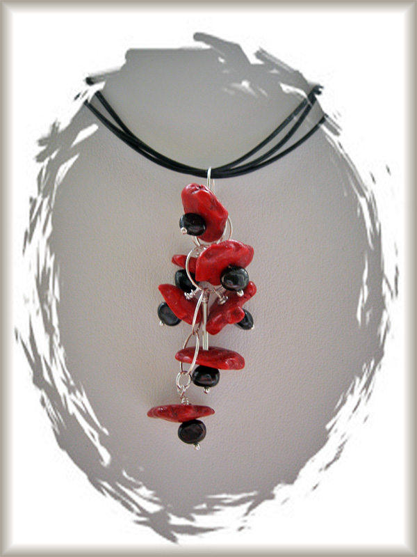coral (dyed) and freshwater black pearls sterling silver pendant on leather cord