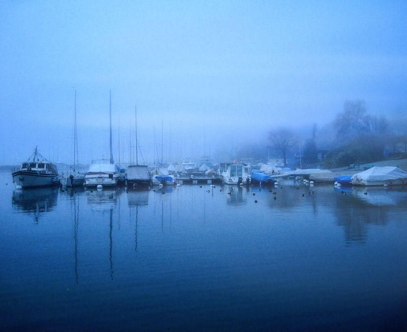 The boats sleep into a cocoon of fog....