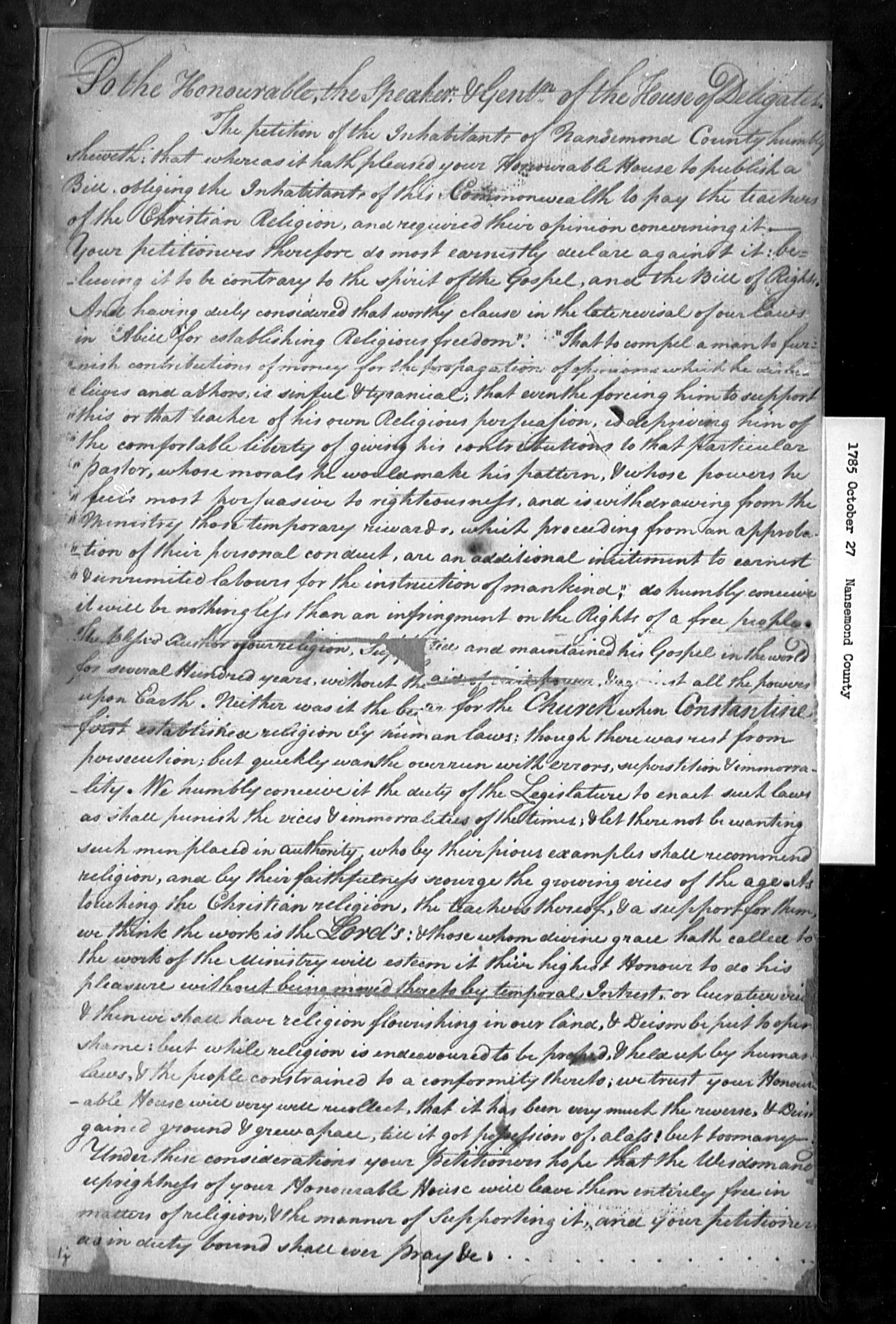 Petition for Religious Freedom October 27 1785