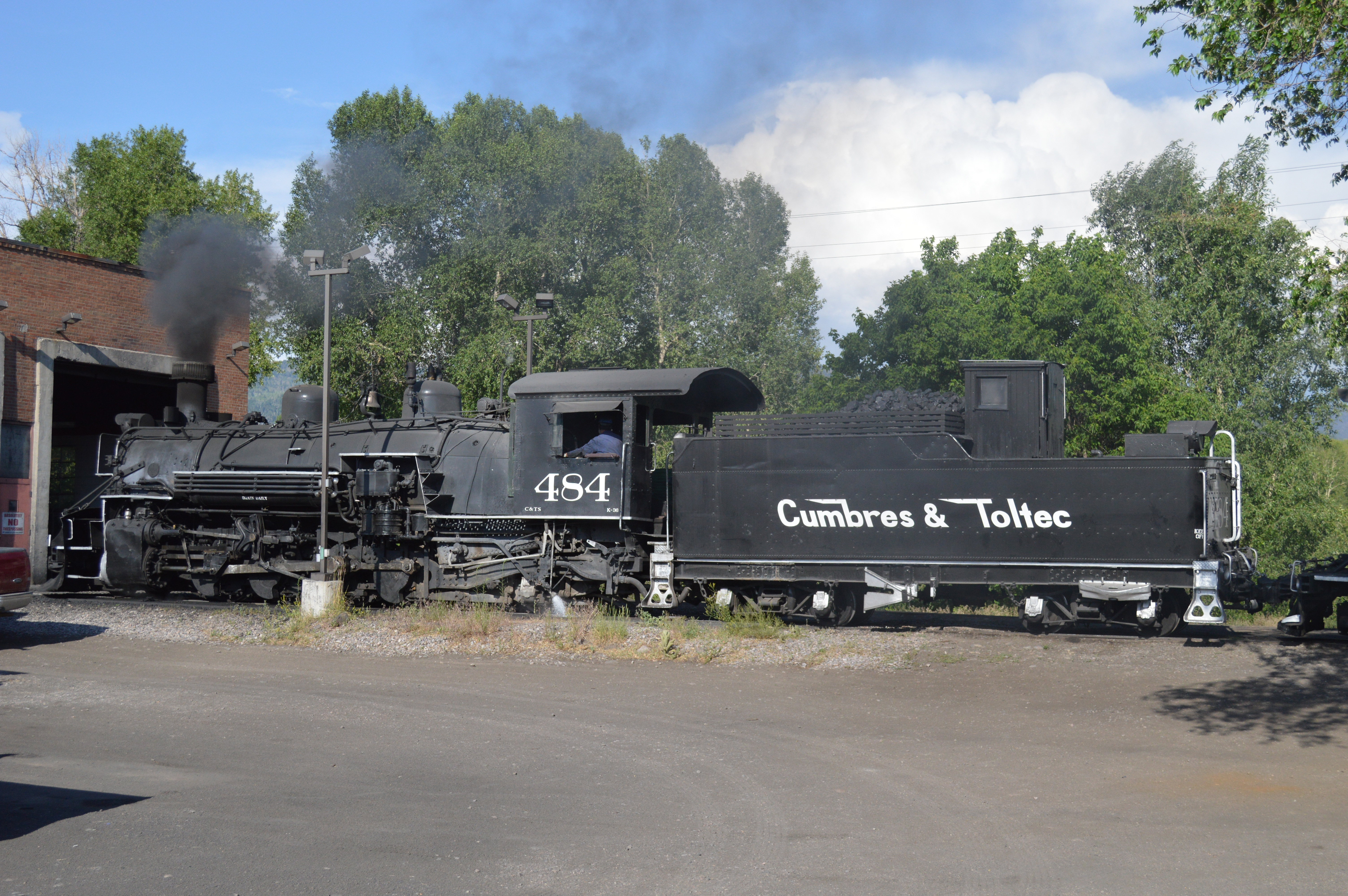 44 K36 484 steams outside of the Chama engine house