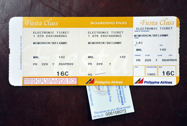 Boarding pass on Philippine Airlines LAO-MNL
