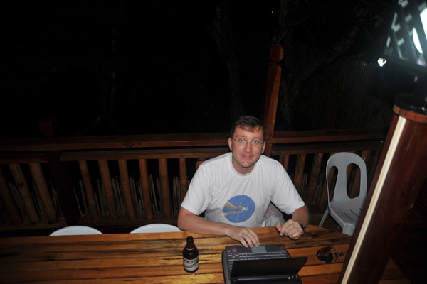 Using the free wifi on the deck at Amphibi-ko
