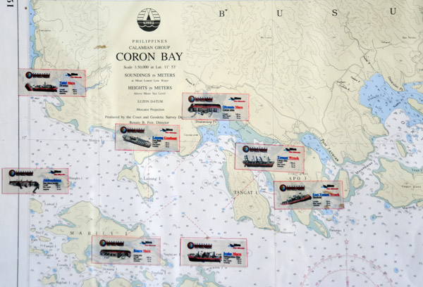 Map showing the site of 8 principal wrecks in Coron Bay