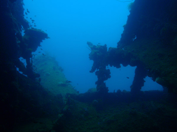 Wreck of the Kogyo Maru lying on its side