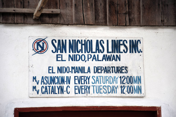 Ships from El Nido to Manila twice a week - M/V Asuncion on Sat and M/V Catalyn on Tues