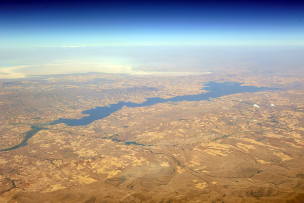 Dam on the Kızılırmak River and the mostly dry Tuz Gl (Salt Lake) in the distance, Turkey