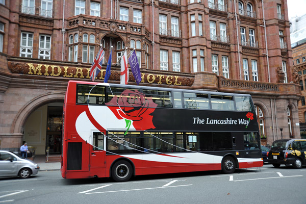 Lancashire Way double decker bus on Peter Street in front of the Midland Hotel, Manchester