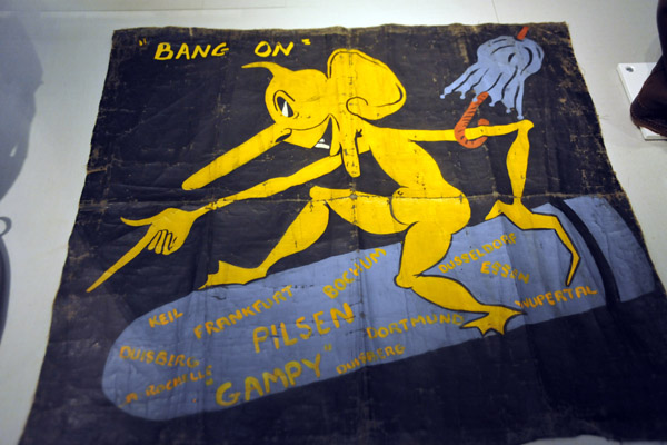 Bang On nose art from Lancaster bomber with target destinations, mostly in the German Ruhrgebiet