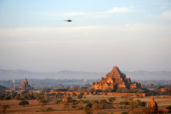 A military helicopter patrolling over Bagan - apparently General Than Shwe was in town