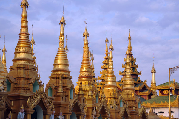 Golden spires of stupas surrounding the main stupa at Shwedagon