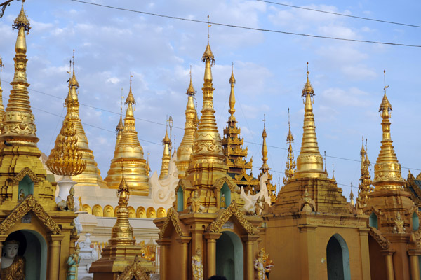 Dozens of smaller stupas, shrines and pavilions surround the main stupa, Shwedagon Paya