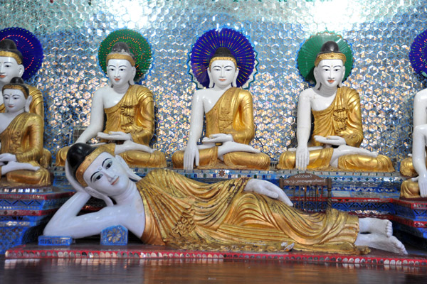 Reclining Buddha and seated Buddha images, Shwedagon Paya