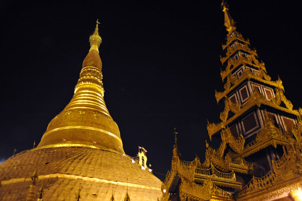 Southeast corner of Shwedagon Paya at night