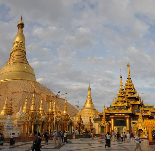 View of Shwedagon Paya from the southwest with the Konagamara Shrine at the southern entrance