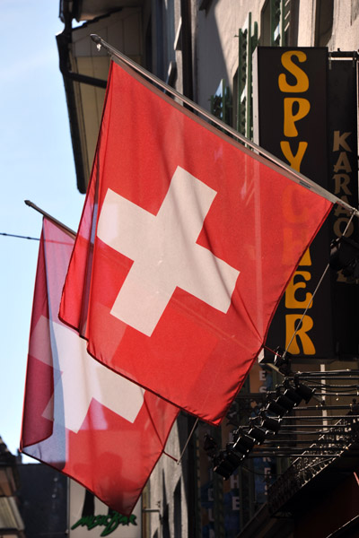 Swiss flags in the shopping area of Luzern