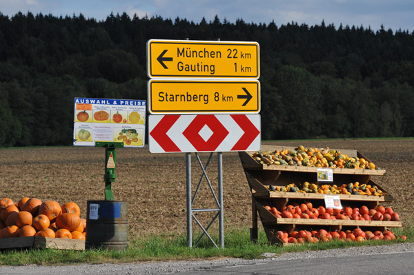 Cycling past a fruit stand outside Gauting, 22km from Munich