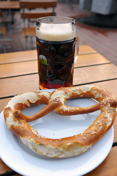 Andechs Doppelbock Dunkel with a Bavarian pretzel