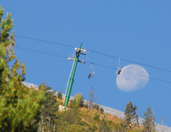 Ski lift with near-full moon, Vallnord-Arinsal, Andorra