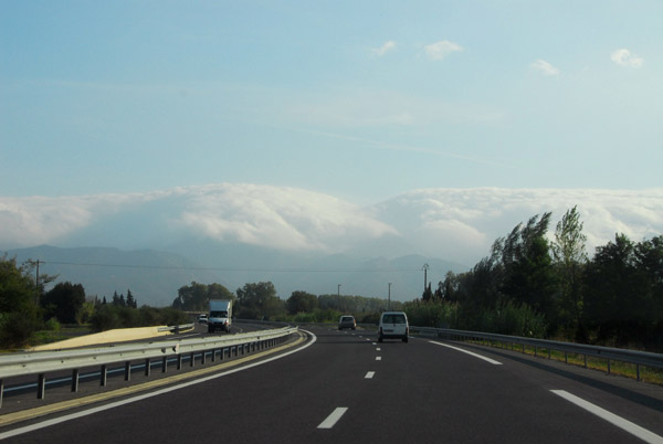 Low clouds engulfing the Pyrenees near Perpignan, A9