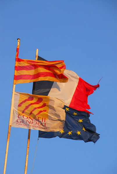 Flags of France, EU, Catalonia, Conseil Général Pyrénées Orientales