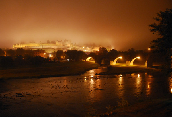 View of the medieval walled city of Carcassonne and the old bridge from Pont Neuf