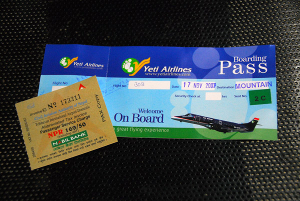 Yeti Airlines boarding pass and Kathmandu airport tax receipt