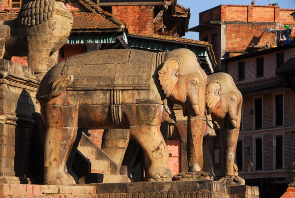 Elephants on the steps to  Nyatapola Temple, Taumadhi Tole, Bhaktapur