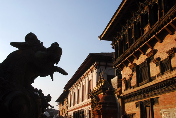 Bronze lion opposite the 55 Window Palace, Durbar Square, Bhaktapur