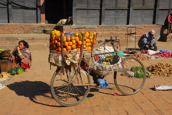Fruit stand setup on an old bicycle, Tachupal Tole, Bhaktapur