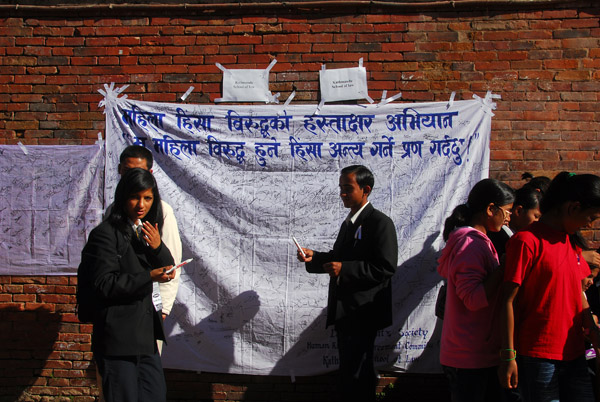 Kathmandu School of Law gathering signatures, Durbar Square, Patan