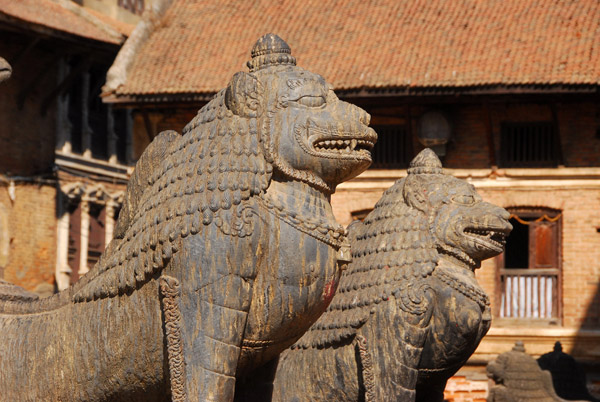 The pair of lions in front of Krishna Mandir, Durbar Square, Patan