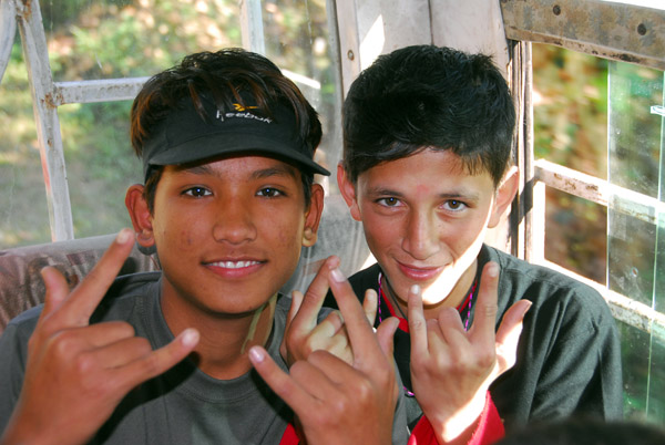 Schoolboys from the Terai on their bus to Bandipur
