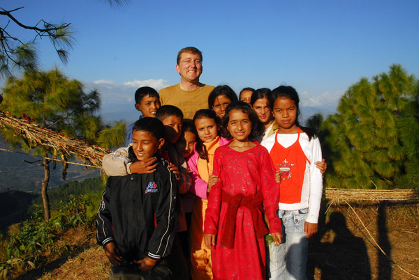 Me, with a group of Nepali kids, Gurungche Hill, Bandipur