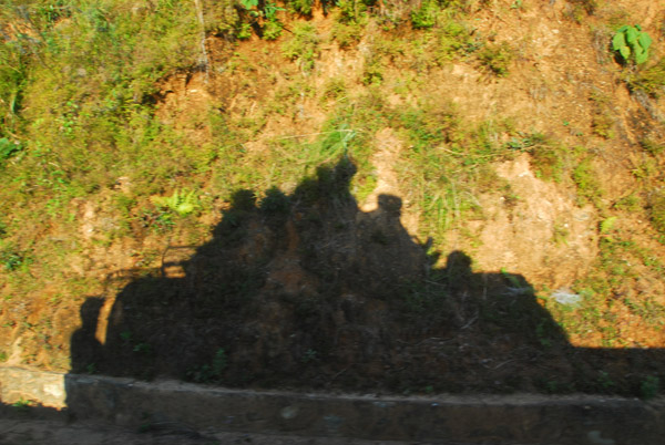 Shadow of the jeep with a full load of passengers on the roof, heading downhill from Bandipur