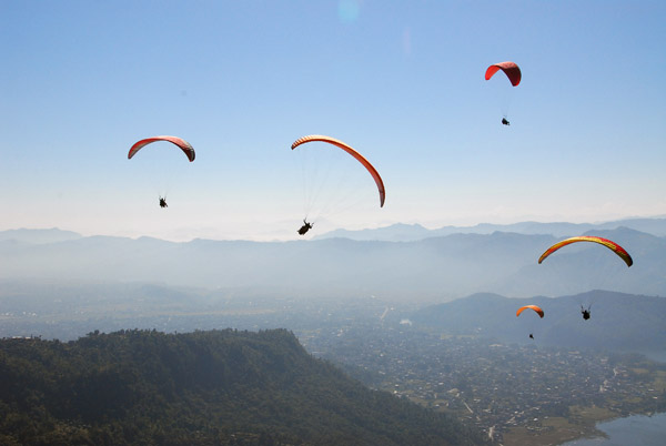 Flock of paragliders, Sarangkot, Pokhara, Nepal