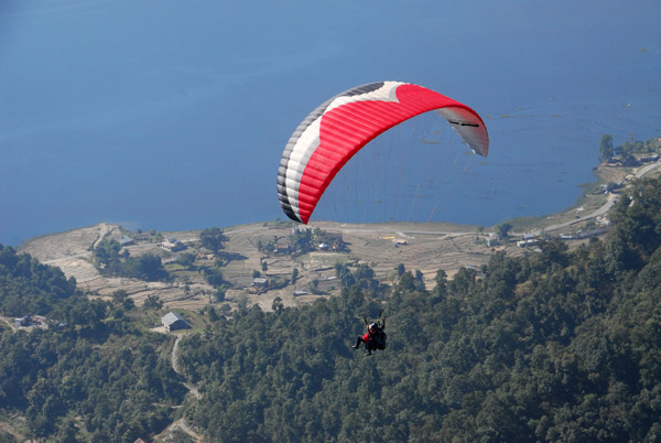 Paraglider with the shore of Lake Phewa, Pokhara