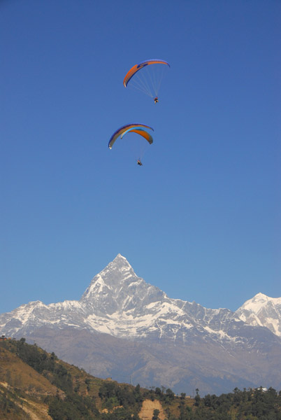 Paragliders with Machhapuchhre, Pokhara