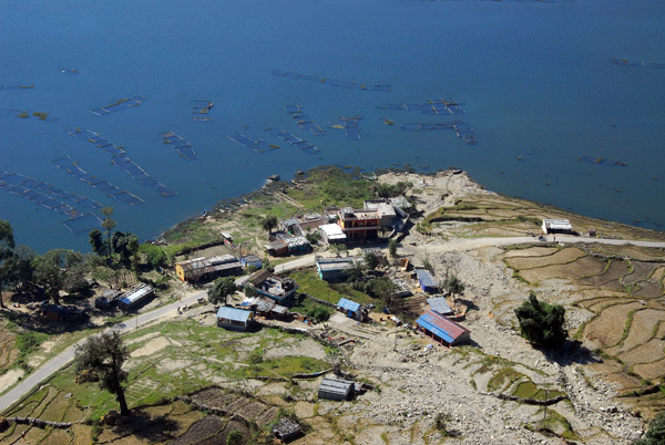 Fish farming along the shores of Lake Phewa, Nepal