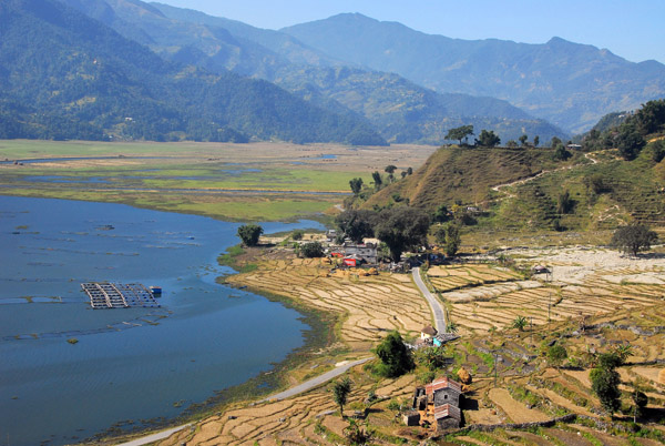 Looking west along the north shore of Lake Phewa, Nepal