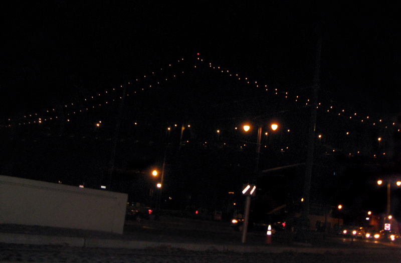 Bay Bridge at night, at Embarcadero, #1374 (w/ auto-flash)