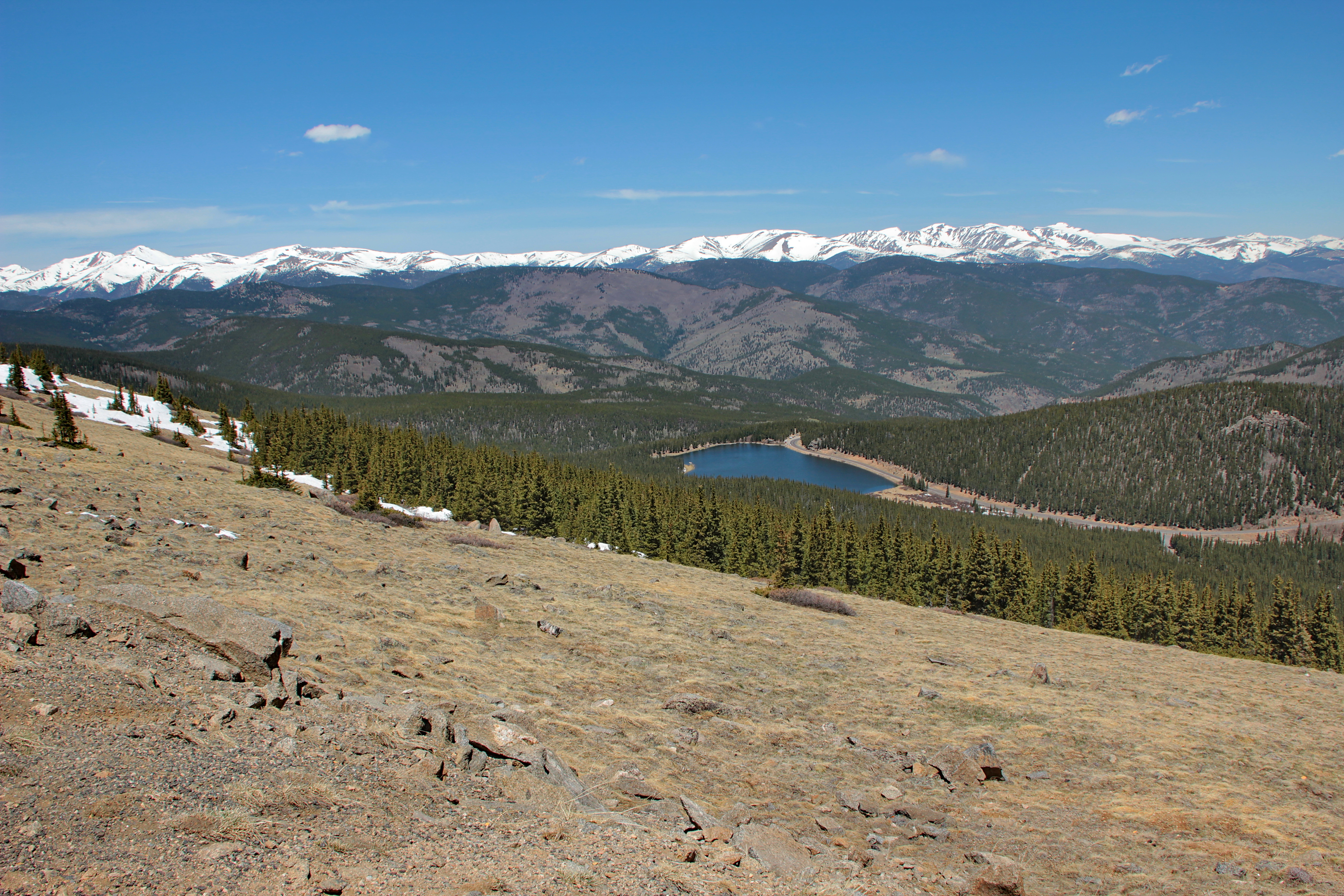 Looking down on Echo Lake from alpine tundra
