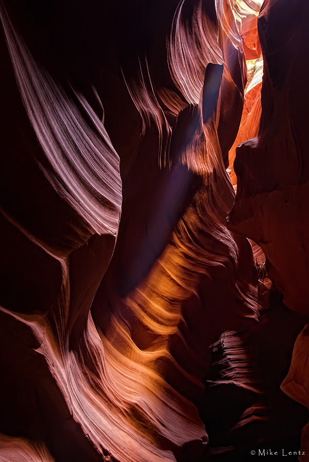 Antelope canyon light shines through