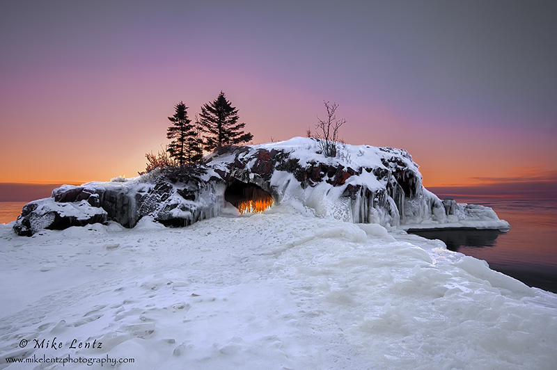 Hollow rocks winter pre-sunrise glow