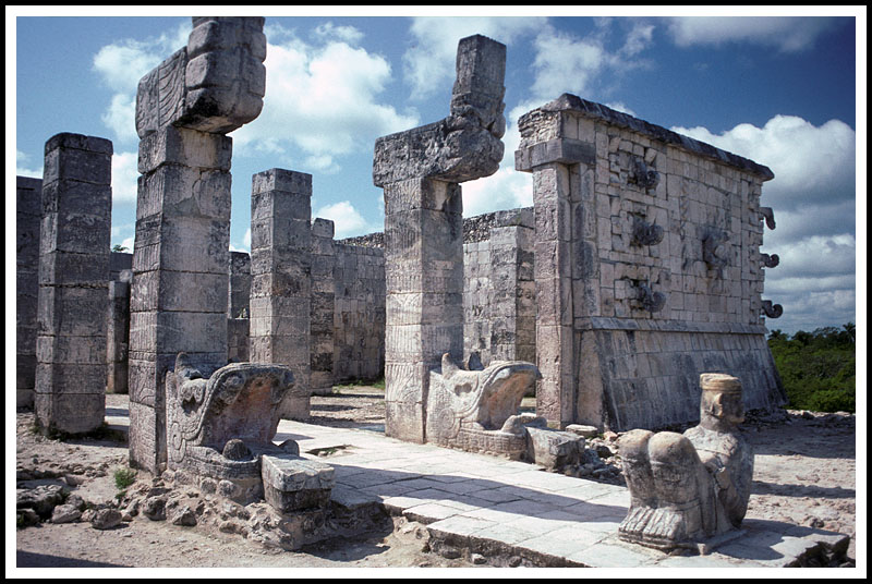 Feathered Serpent Columns and Chac-Mool sculpture